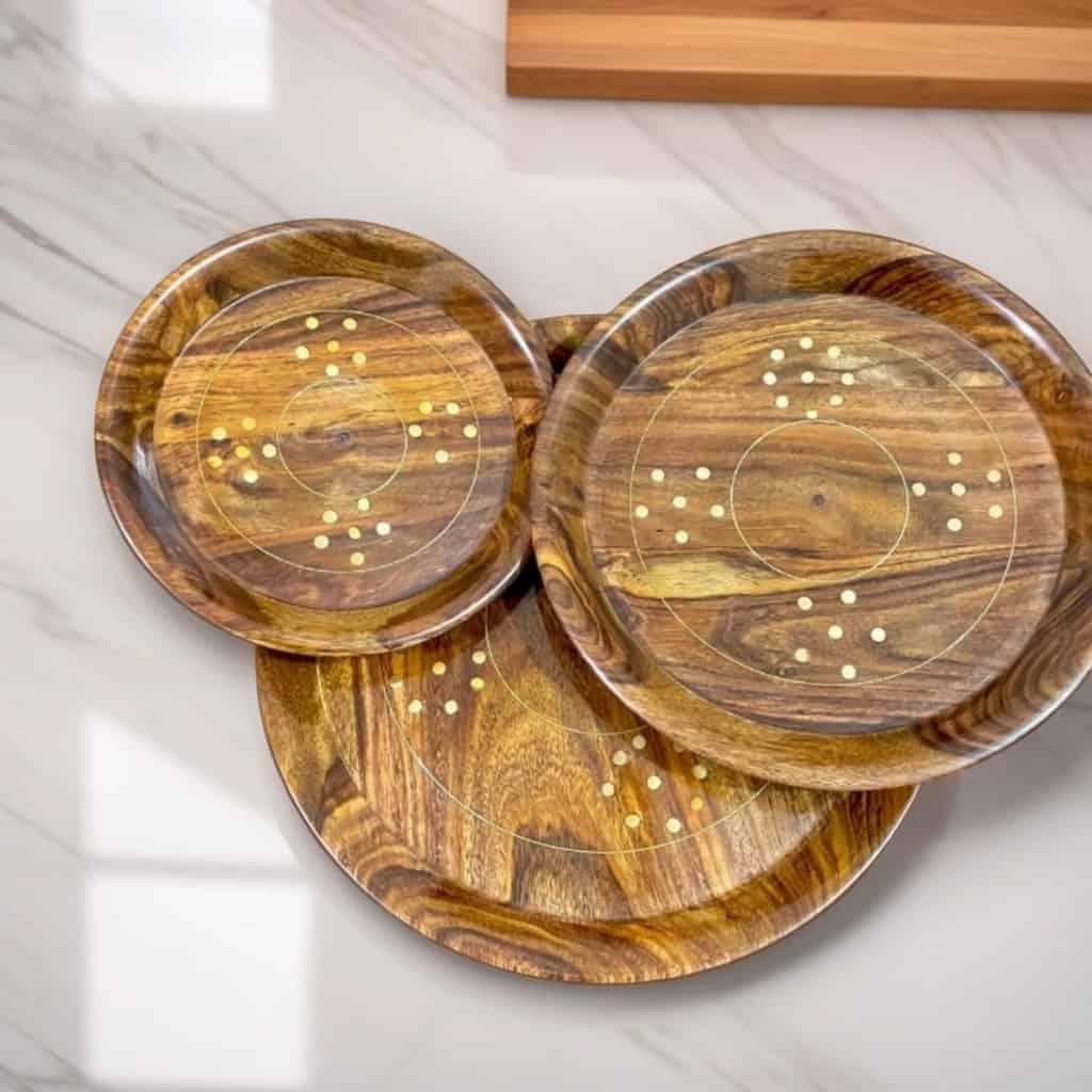 Elegant Brass Plate Set with Wooden Base – Premium Serveware Pakistan