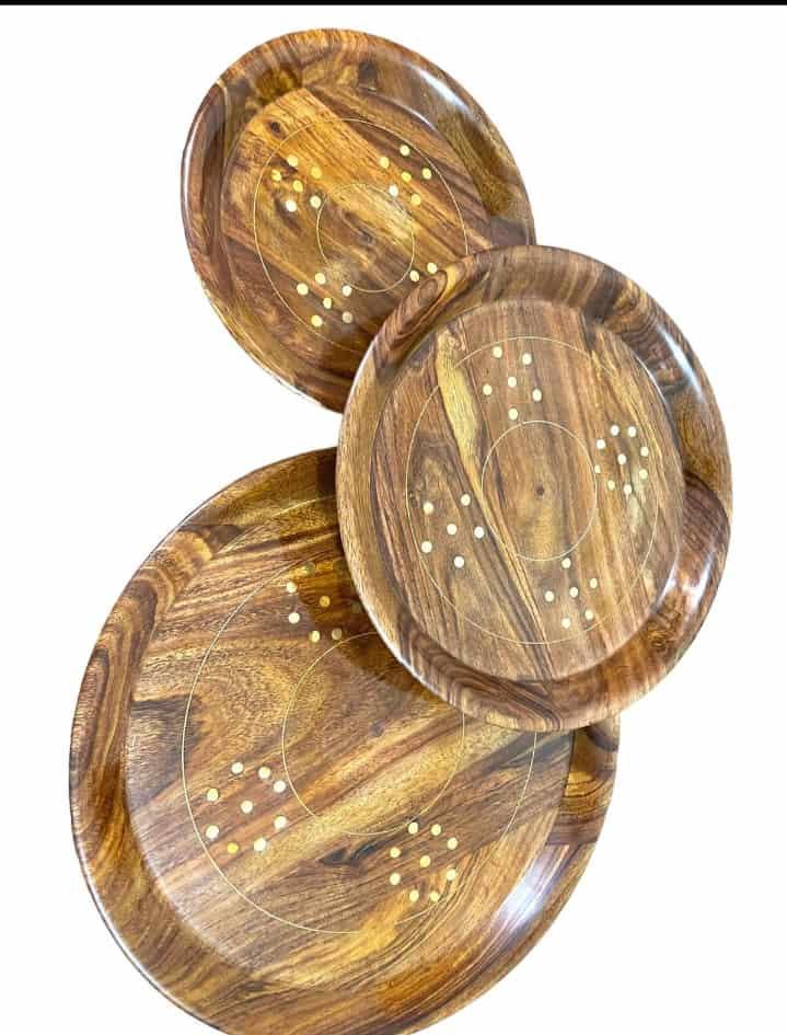Elegant Brass Plate Set with Wooden Base – Premium Serveware Pakistan
