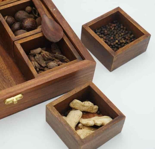 Carved Wooden Spice Box – Masala Dani Organizer