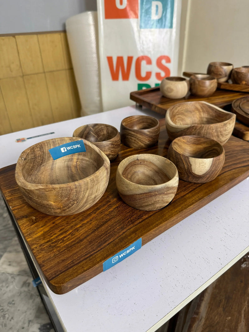 Premium Wooden Serving Tray with Bowl Set – Handcrafted Sheesham Serving Tray