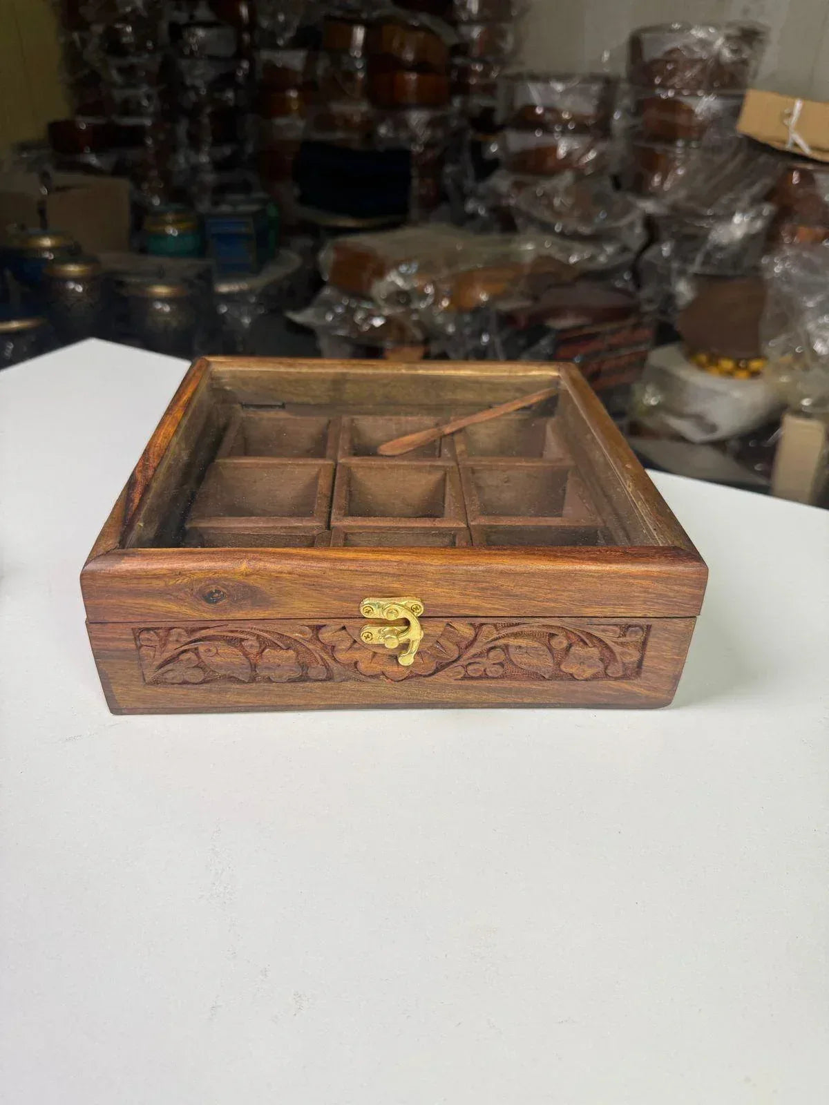 Carved Wooden Spice Box – Masala Dani Organizer