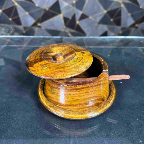 Handcrafted Wooden Sugar Pot with Lid & Spoon – Rustic Kitchen Sugar Bowl