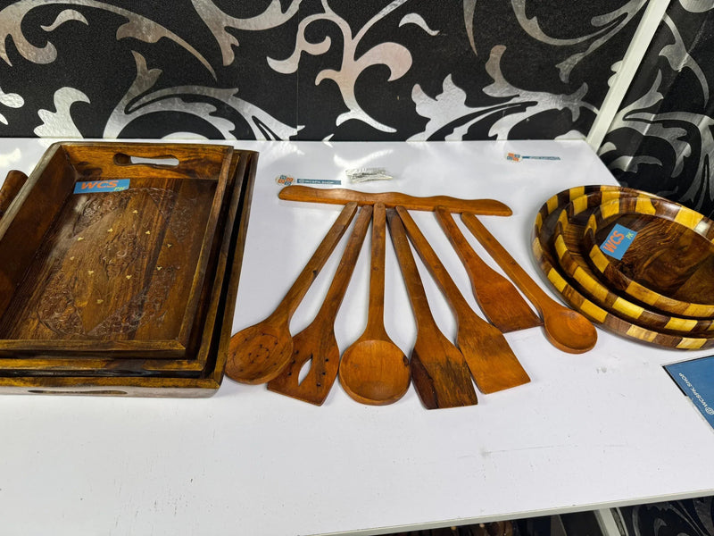 Wooden Kitchen Deals Combo Set – Tray, Plates & Cooking Spoons