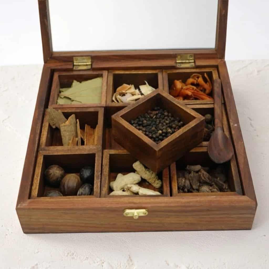Carved Wooden Spice Box – Masala Dani Organizer